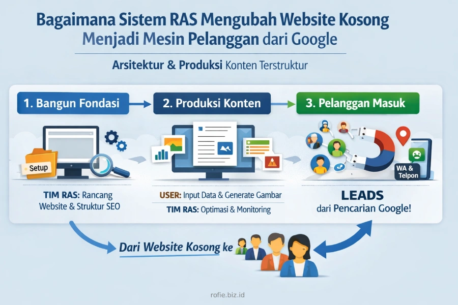 Ilustrasi alur sistem RAS dari setup hingga pelanggan baru masuk dari Google