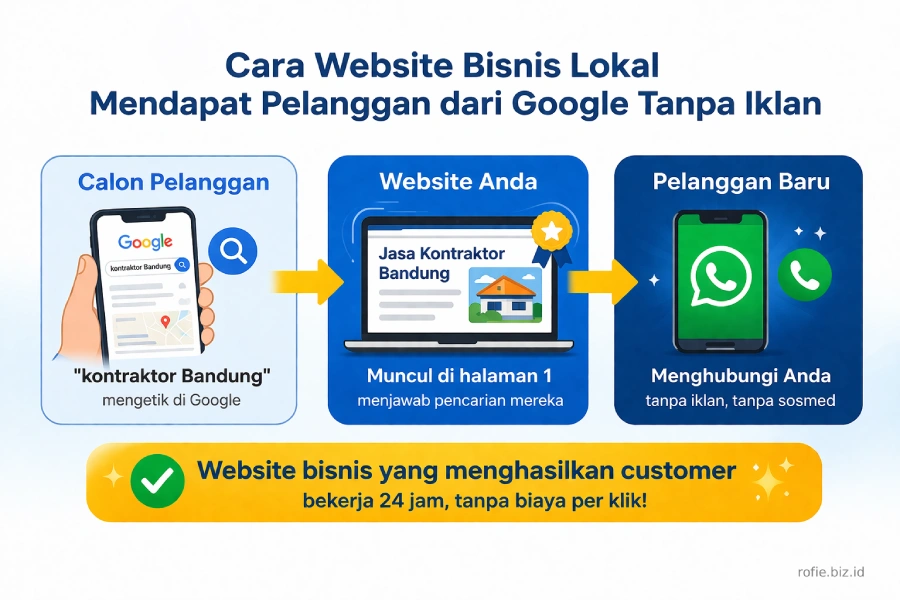 Cara website bisnis lokal mendapat pelanggan dari Google tanpa iklan — diagram alur dari pencarian ke customer