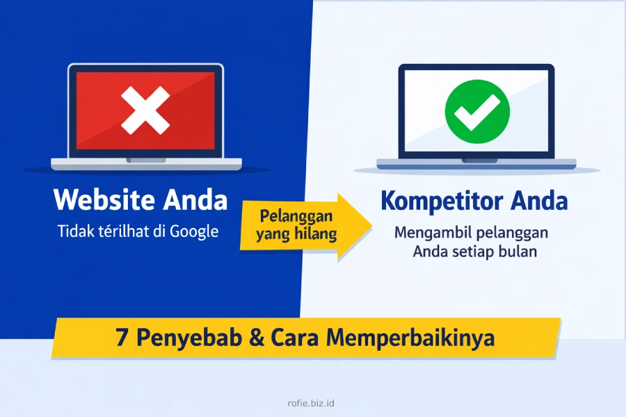 7 penyebab website bisnis tidak muncul di Google — diagram panduan untuk pemilik bisnis lokal