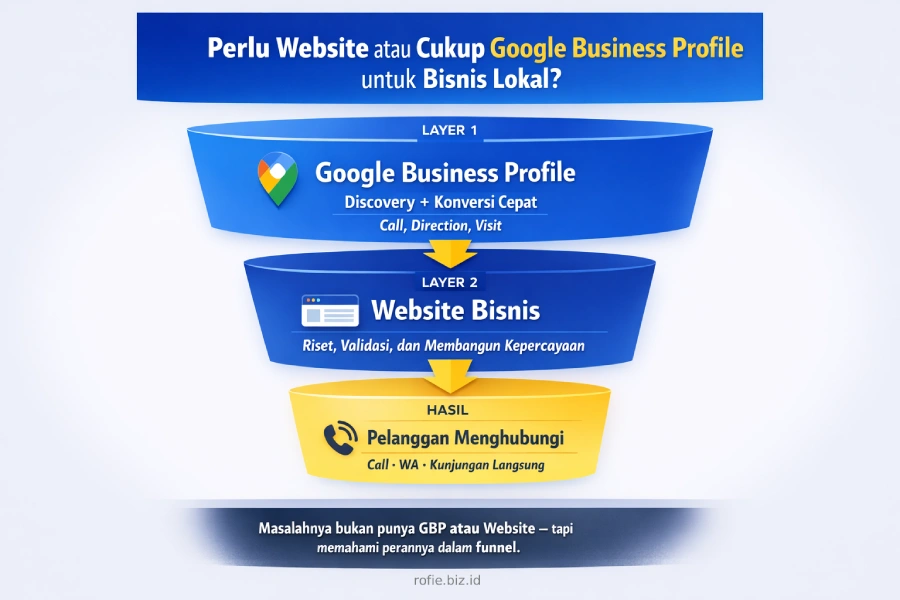 Perlu website atau cukup Google Business Profile untuk bisnis lokal — perbandingan fungsi dan layer dalam funnel Google