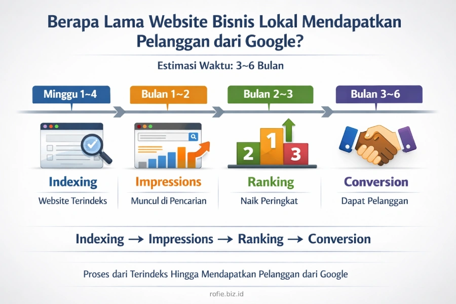 Ilustrasi timeline website bisnis lokal dari launch hingga pelanggan pertama masuk dari Google