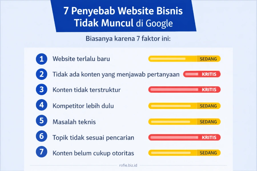Diagram 7 penyebab website bisnis lokal tidak muncul di Google — dari website baru hingga konten tidak terstruktur