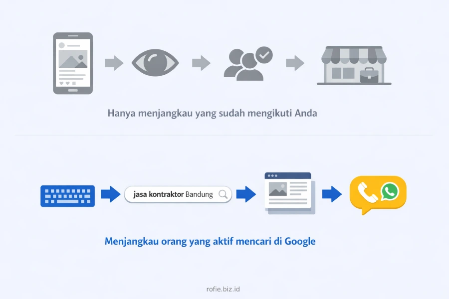 Ilustrasi cara kerja Instagram vs website bisnis dalam menjangkau calon pelanggan