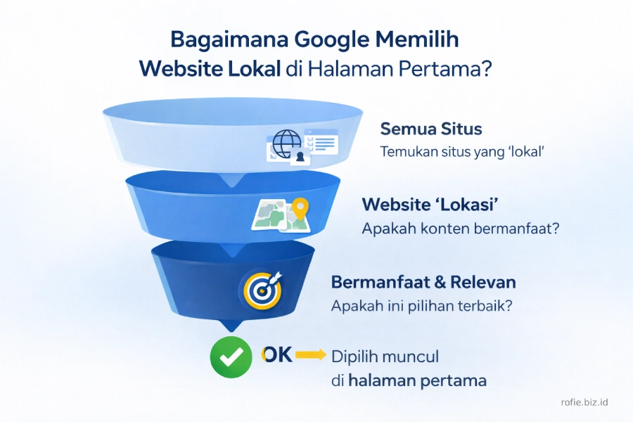Cara kerja Google memilih website bisnis lokal yang ditampilkan di hasil pencarian — 3 faktor utama: relevansi konten, kepercayaan, dan pengalaman pengguna