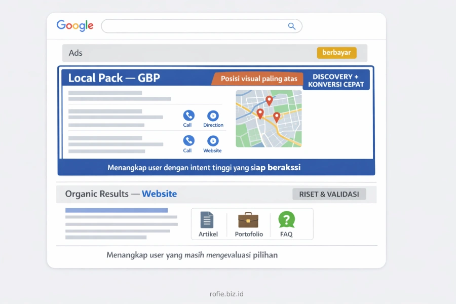 Struktur halaman pencarian Google untuk bisnis lokal — posisi Ads, Local Pack GBP, dan organic results