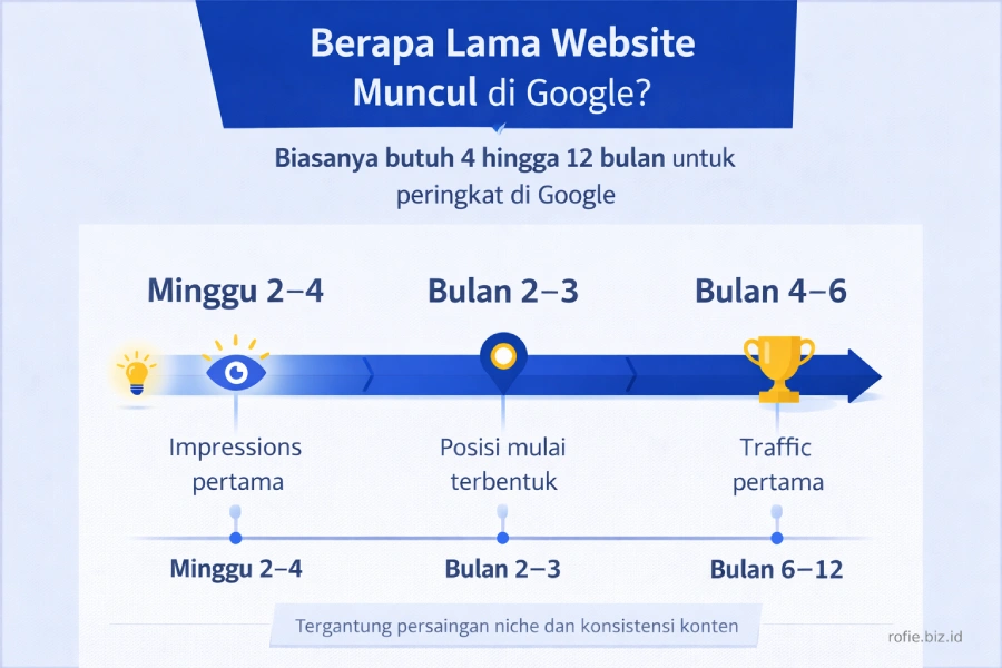 Timeline realistis website bisnis lokal Indonesia muncul di Google: bulan 1-2 impressions, bulan 3-4 posisi mulai terbentuk, bulan 6-12 halaman pertama