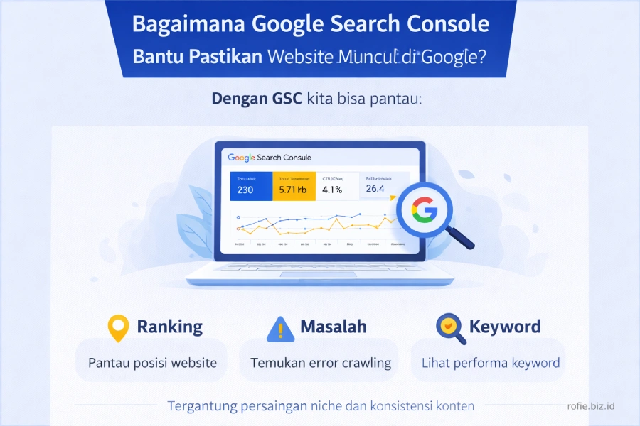 Tampilan Google Search Console untuk bisnis lokal — penjelasan impressions, klik, posisi, dan CTR yang perlu dipantau