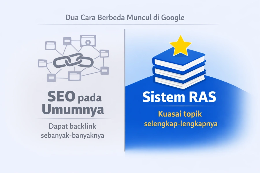 Ilustrasi perbedaan pendekatan SEO pada umumnya dan sistem RAS untuk bisnis lokal
