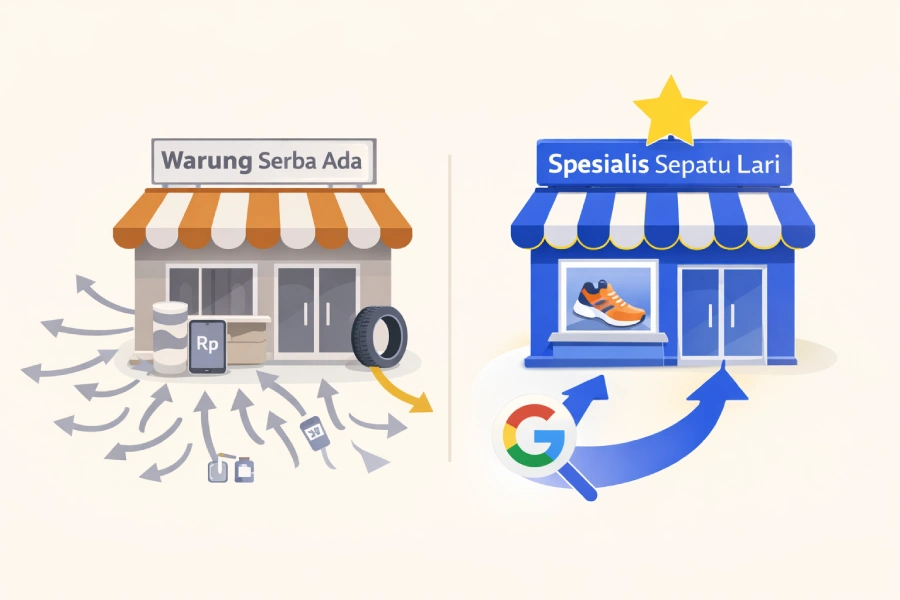 Ilustrasi perbandingan warung serba ada versus toko spesialis dalam strategi SEO bisnis lokal