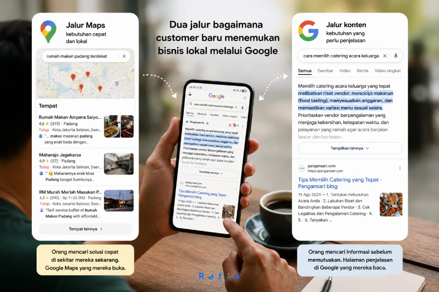 Dua jalur bagaimana customer baru menemukan bisnis lokal melalui Google