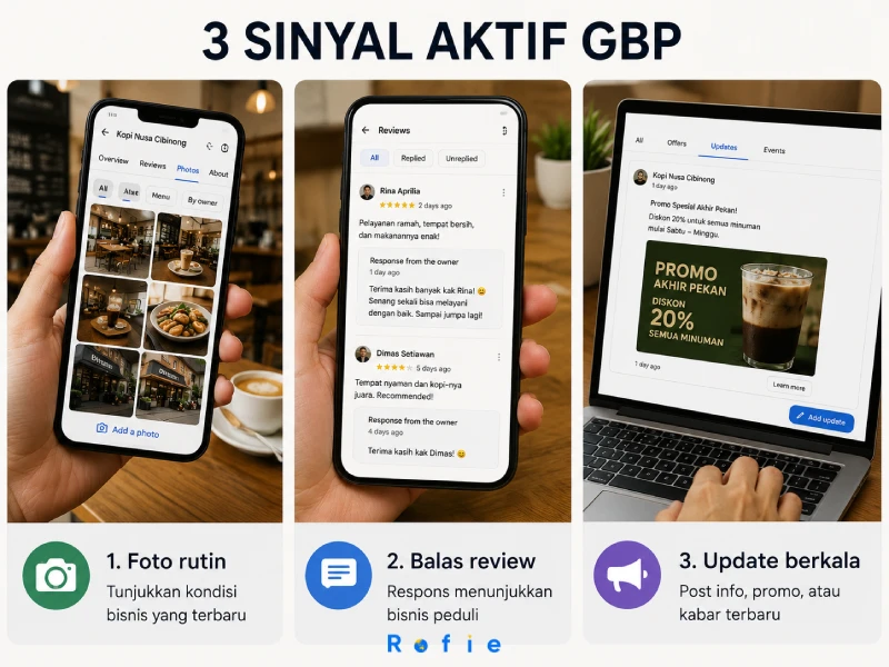 Tiga sinyal aktif yang membuat Google Business Profile tetap relevan di mata Google — foto, review, dan postingan