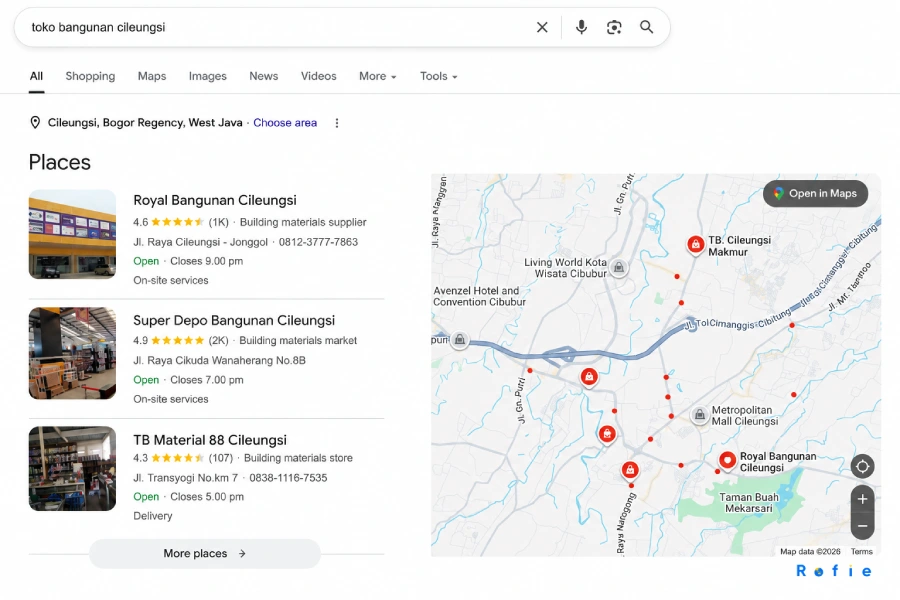 Hasil pencarian Google Maps untuk query toko bangunan Cileungsi — tiga bisnis teratas yang muncul di Map Pack