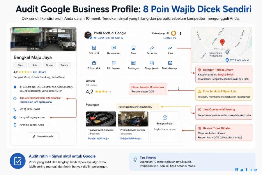 Dashboard Google Business Profile yang menampilkan beberapa masalah teridentifikasi — kategori terlalu umum, foto lama, jam operasional kosong, dan review tidak dibalas