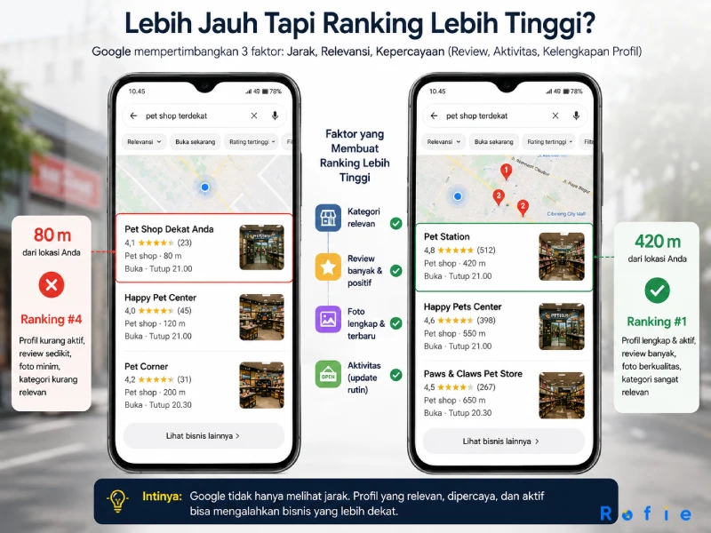 Perbandingan dua profil Google Maps — bisnis 80 meter dengan profil kurang aktif berada di posisi 4, sementara bisnis 420 meter dengan profil lengkap dan aktif berada di posisi 1