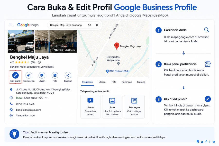 Panduan tiga langkah cara membuka dan mengakses dashboard edit Google Business Profile untuk memulai audit dari browser desktop