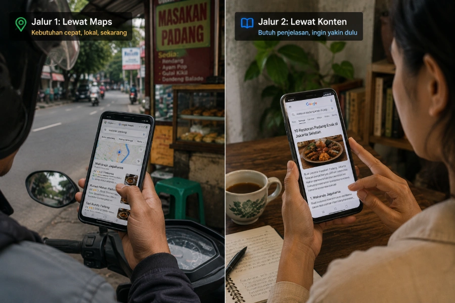 Dua jalur bagaimana customer baru menemukan bisnis lokal melalui Google Maps dan pencarian artikel