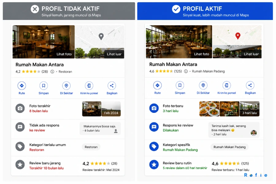 Perbandingan Google Business Profile bisnis kuliner yang aktif mengirim sinyal dan yang profilnya stagnan