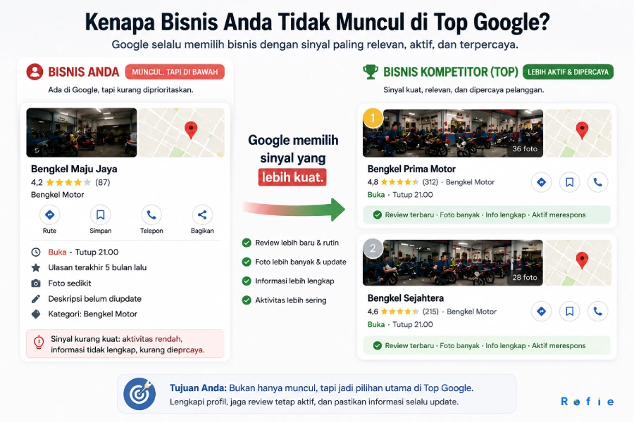 Perbandingan Google Business Profile yang aktif dikelola dan yang dibiarkan tanpa update — bedanya ada di sinyal