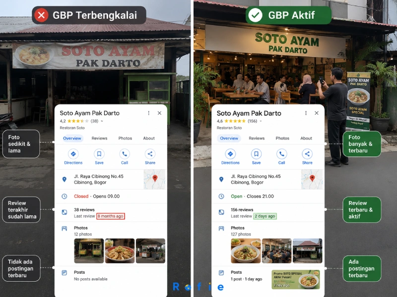 Perbandingan Google Business Profile yang aktif dikelola dan yang dibiarkan terbengkalai — perbedaan sinyal yang dikirim ke Google