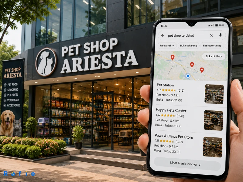 Pemilik bisnis melihat hasil pencarian Google Maps untuk query pet shop terdekat — bisnisnya tidak muncul meski lokasinya dekat dari pencari