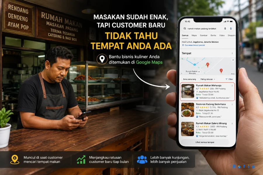 Pemilik rumah makan melihat bisnisnya muncul di Google Maps — masakan sudah enak, tapi customer baru tidak tahu tempatnya ada