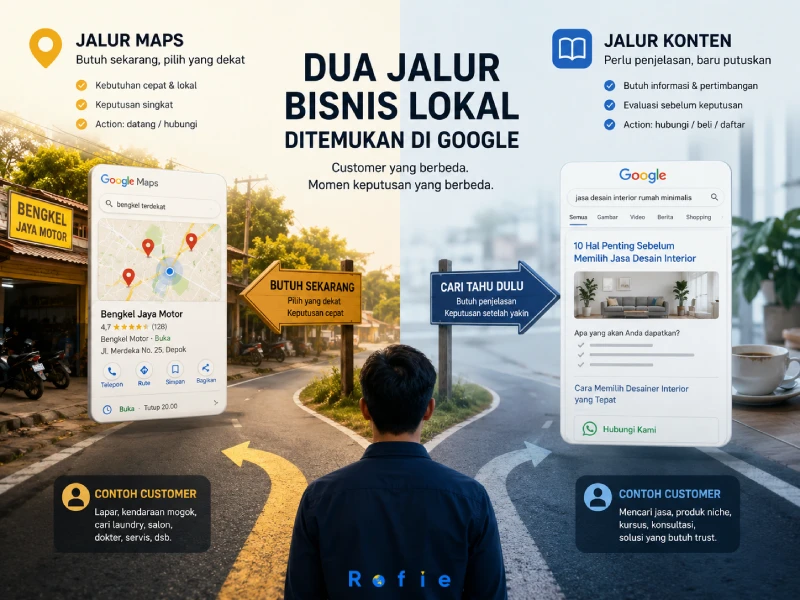 Dua jalur customer menemukan bisnis lokal di Google — Maps untuk kebutuhan cepat, konten untuk kebutuhan yang perlu penjelasan