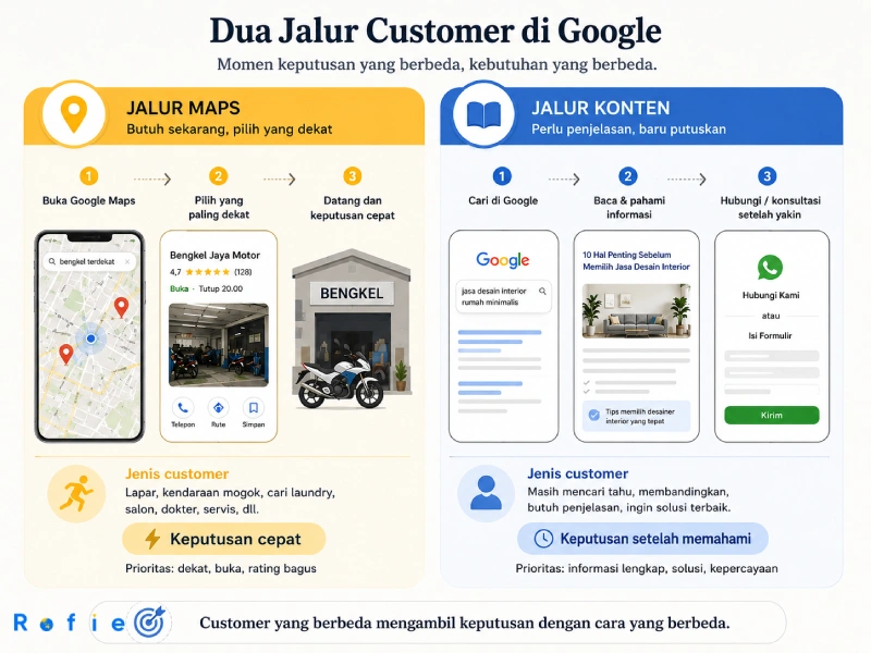 Perbandingan customer journey lewat Google Maps dan lewat pencarian konten Google