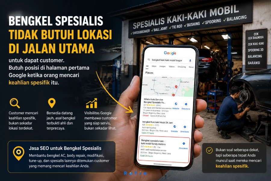 Bengkel spesialis tidak butuh lokasi di jalan utama untuk dapat customer — butuh posisi di halaman pertama Google ketika orang mencari keahlian spesifik