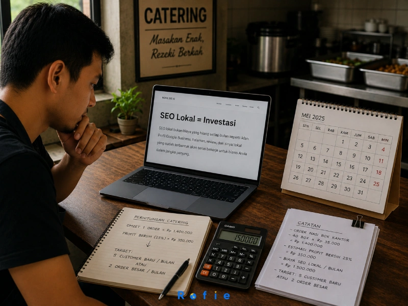 Pemilik bisnis catering menghitung kalkulasi ROI sebelum memutuskan investasi SEO lokal