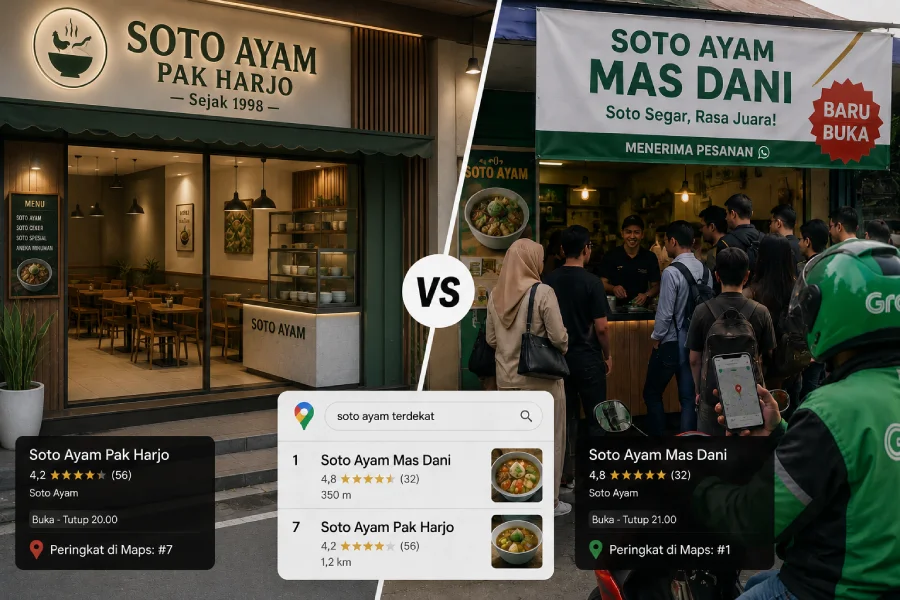 Perbandingan posisi dua profil Google Maps — bisnis lama dengan sinyal lemah kalah dari bisnis baru dengan sinyal aktif