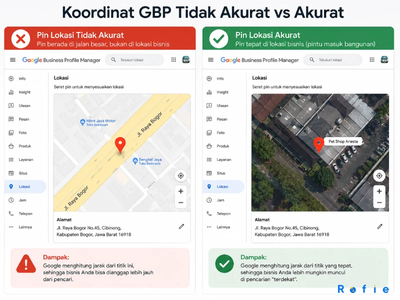 Perbandingan koordinat GBP tidak akurat dengan pin di jalan besar versus koordinat akurat dengan pin tepat di lokasi fisik bisnis — dampaknya terhadap perhitungan jarak Google