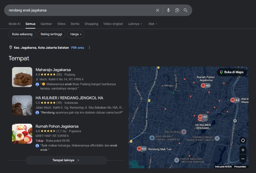 Maharajo Jagakarsa di posisi 1 Google Maps untuk pencarian rendang enak jagakarsa, mengalahkan kompetitor dengan 1.700 review