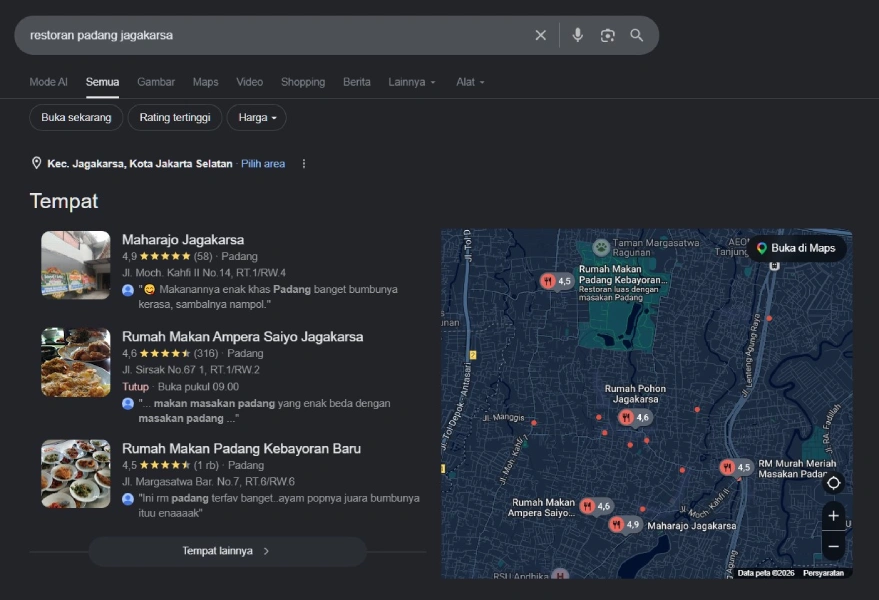 Maharajo Jagakarsa di posisi 1 Google Maps untuk pencarian restoran padang jagakarsa
