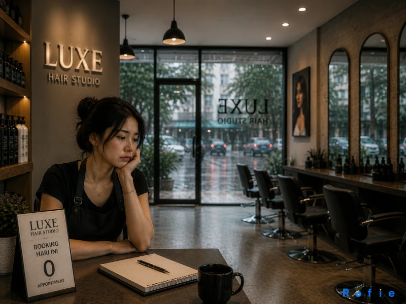Salon kosong tanpa customer baru dengan papan booking nol — ilustrasi bisnis yang operasional tapi tidak terjangkau oleh customer baru dari Google Maps