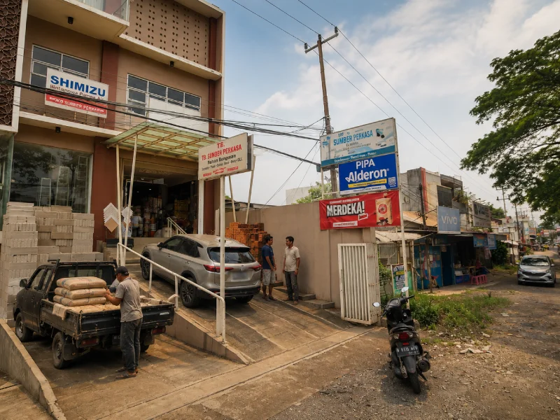 Suasana kawasan toko bangunan dan bisnis lokal di Cileungsi, Kabupaten Bogor