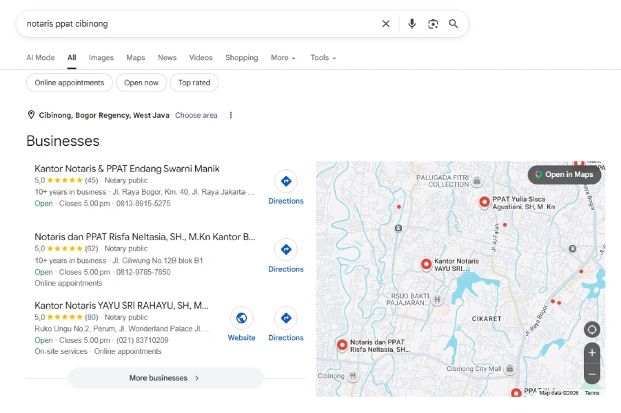 Tampilan Google Maps Pack untuk pencarian notaris PPAT di area Cibinong — tiga bisnis teratas yang muncul